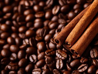 A close-up of roasted coffee beans with cinnamon sticks, showcasing rich textures and earthy tones.
