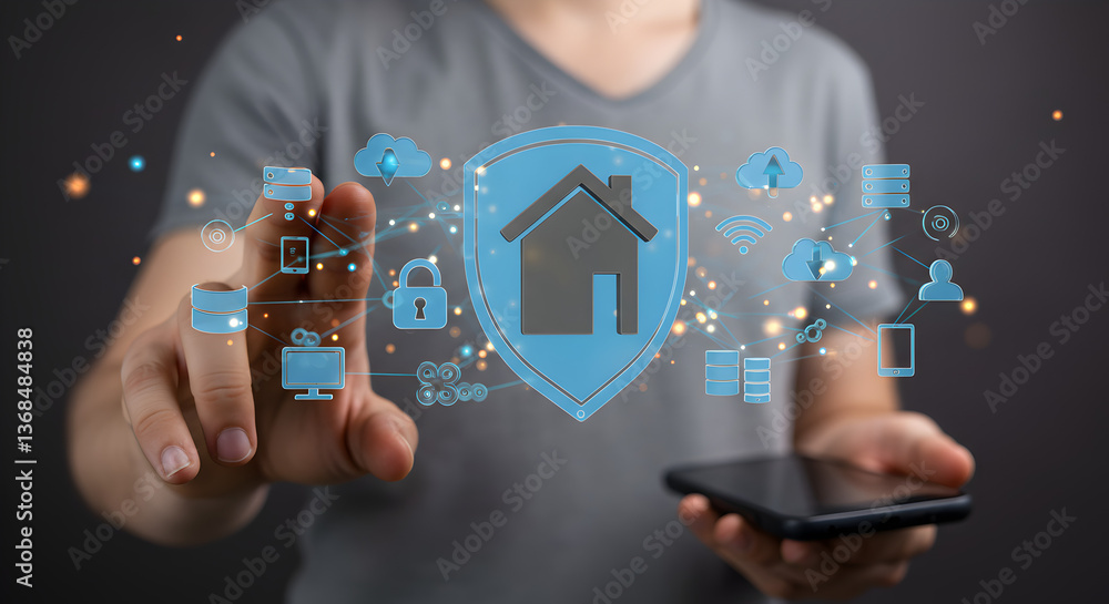 Poster person using digital interface to access home network security protection on mobile phone with dark 