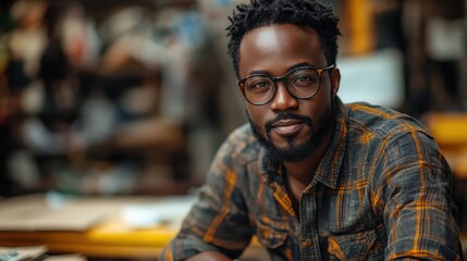 Fototapeta premium Portrait of a man with glasses in a workshop.