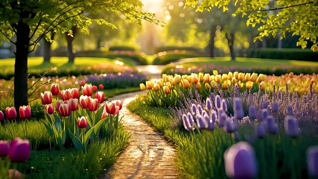 Colorful tulip and iris flowers blooming along garden path in bright spring light