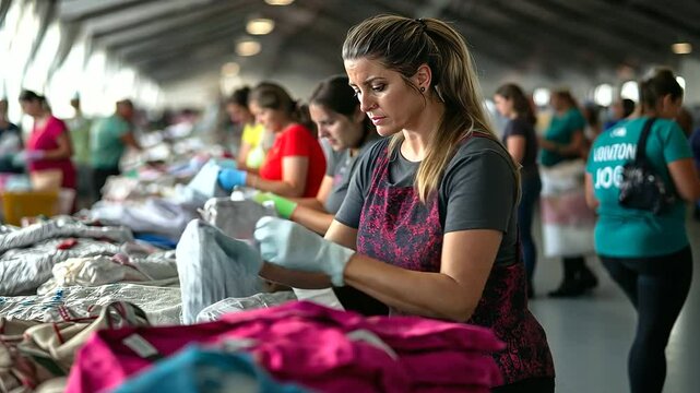 Volunteers hand out blankets and supplies to families seeking shelter inside a large relief tent, their faces showing both gratitude and exhaustion.