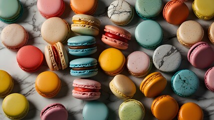 Minimalist composition of assorted colorful macarons arranged on a marble surface, captured in soft pastel tones 