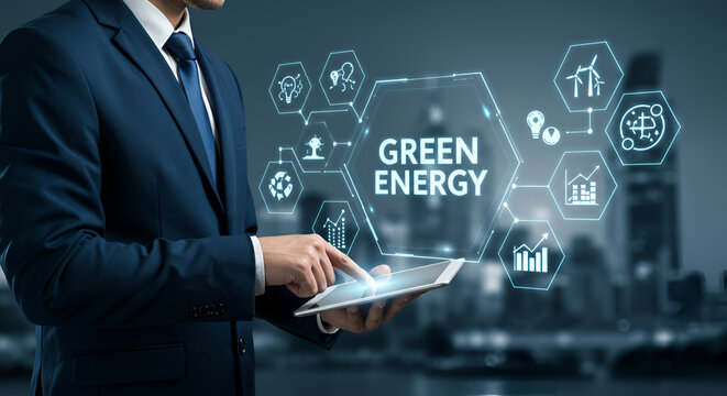 Professional in Dark Blue Suit Interacting With Digital Green Energy Interface Overlooking Cityscape