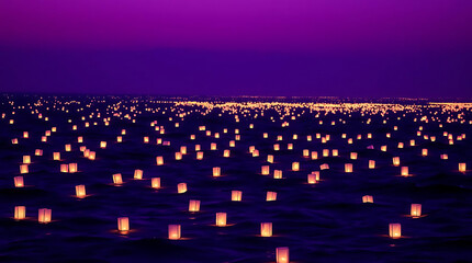 Obraz premium A tranquil twilight ocean filled with glowing lanterns drifting on gentle waves. The warm golden lights contrast beautifully with the deep blue water, Created with generative AI.