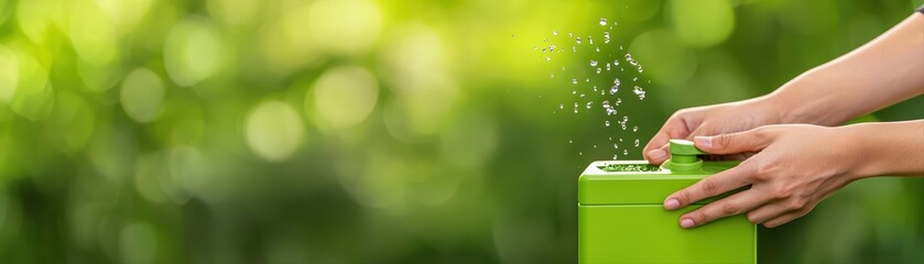 Obraz premium Fresh green watering can with water spraying action