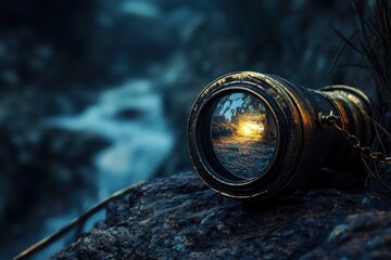 Vintage Telescope Reflecting Sunset Landscape Scene on Rocky Terrain