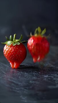 Two strawberries with tiny paws are jumping merrily