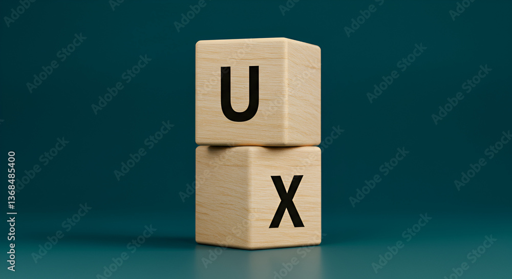Poster stacked wooden cubes displaying ux letters on a teal background for user experience design concepts