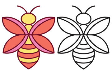 Illustrated Bee Vector, Flat Design with Colorful and Black Outlined Version on White