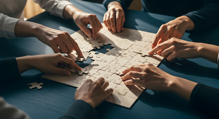 Team Assembling Jigsaw Puzzle Pieces on Blue Table in Bright Indoor Lighting Seeking Problem Solution
