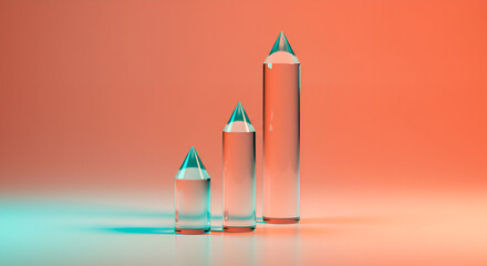 Three Transparent Glass Geometric Objects Illuminated By A Gradient Orange and Blue Background