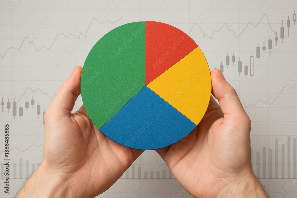 Poster data visualization: a pair of hands gently cradle a colorful pie chart against the backdrop of a fin
