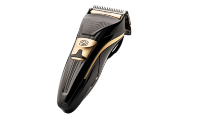 A close up shot of a sleek black and gold hair clipper on a stark black background space