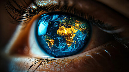 A hyper-detailed close-up of a human eye reflecting a world map, perfect for World Sight Day events, awareness campaigns, and environmental themes.