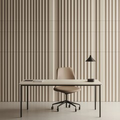A minimalist workspace featuring a sleek desk, an ergonomic chair, and a stylish lamp against a textured, neutral wall.