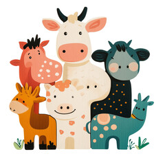 Naklejka premium Cute farm animals on a transparent background children’s art colorful design playful environment creative concept