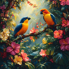 Colorful Parrots Perched Among Hibiscus Blossoms in Tropics high resolution picture