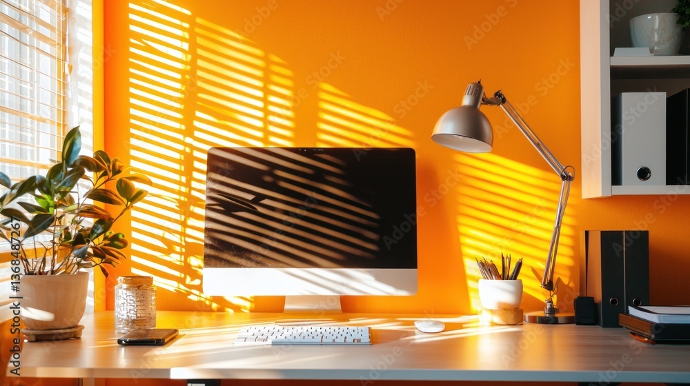 Aufkleber bright workspace with modern computer desk lamp keyboard and houseplant creating warm inviting inter