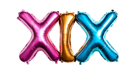 Number 19 formed by colorful balloons, on dark background, cut out transparent