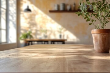 Empty Wooden Table with Plant in Pot for Product Mockup Display