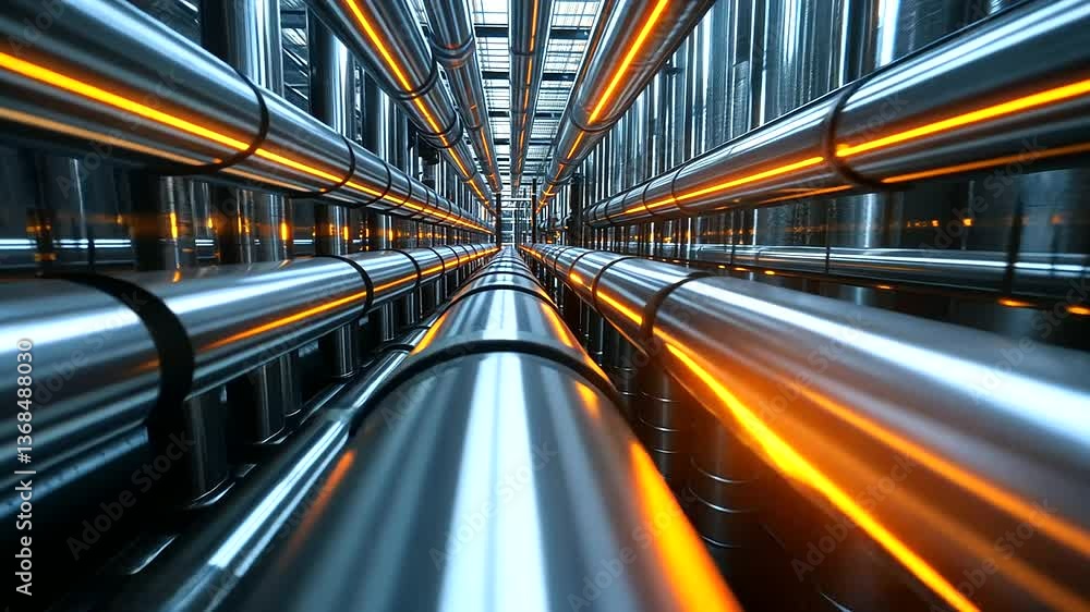 Poster a symmetrical composition of multiple pipelines, bending at perfect angles, forming a structured and