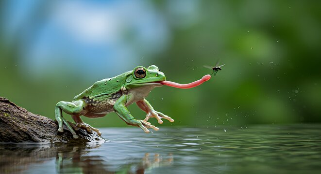 Green Tree Frog Catching Fly with Tongue on Water Surface