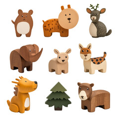 Wooden animal figurines on a transparent background	