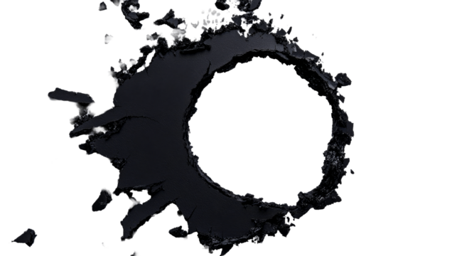 Black hole with jagged edges, fragments, and rough texture, cut out transparent