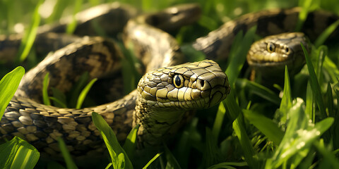 Group of Snakes Slithering Through the Grass Background for Reptilian Mystique, Serpentine Beauty, or Jungle Wildlife