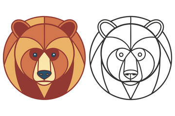 Geometric Bear Head in Color and Line Art on White Background
