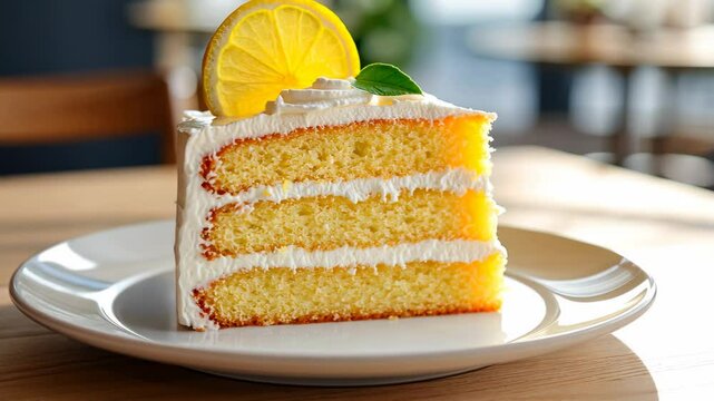 A fresh slice of lemon cake on a white plate with space for branding or text digital