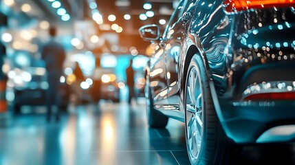 Blurred high-end car showroom with visitors in the background