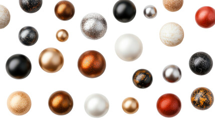 Diverse metal spheres on black background, assortment of colors, cut out transparent