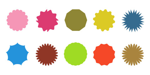 Set of colorful blank round stickers on isolated background. Star shaped price tags. Wavy edge badges. Label silhouettes.