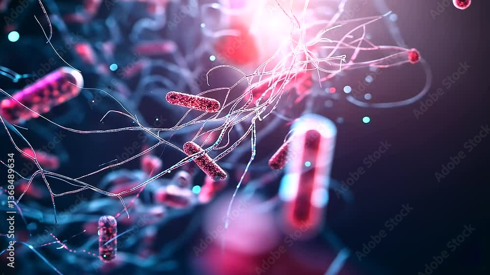Poster artistic macro rendering of rod-shaped and spherical gut bacteria, dynamically moving in a nutrient-