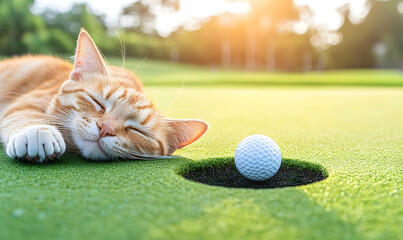A relaxed orange cat sleeping peacefully on a golf course green near a golf ball and hole at sunset