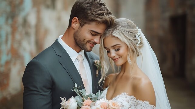 Romantic bride groom wedding portrait