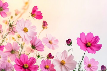Blooming Cosmos Flowers with Pink Petals in a Soft Light Setting