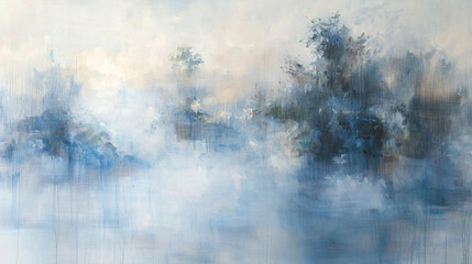 Beautiful painting featuring blue and white tones capturing the tranquility of a foggy morning landscape with an artistic touch of abstraction.