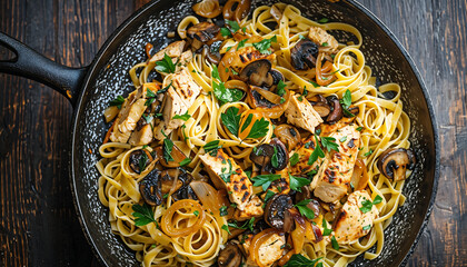 Pasta linguine with fried chicken liver, top view dish