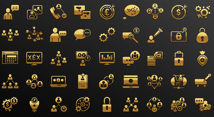 A luxurious collection of golden business network icons depicting collaboration, finance, and security, elegantly designed against a dark background.