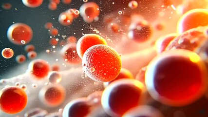 Magnified look at a microscopic colony of healthy gut microbes, including different strains of probiotics floating in a warm, fluid environment.