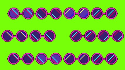 Cartoon Retro Pixel Art Sunglasses Animation on Green Screen. Glasses appearing and disappearing with a glitch effect for retro gaming aesthetics, digital art projects, vaporwave visuals, summer vibes