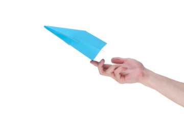 hand of young man with blue paper plane taking off