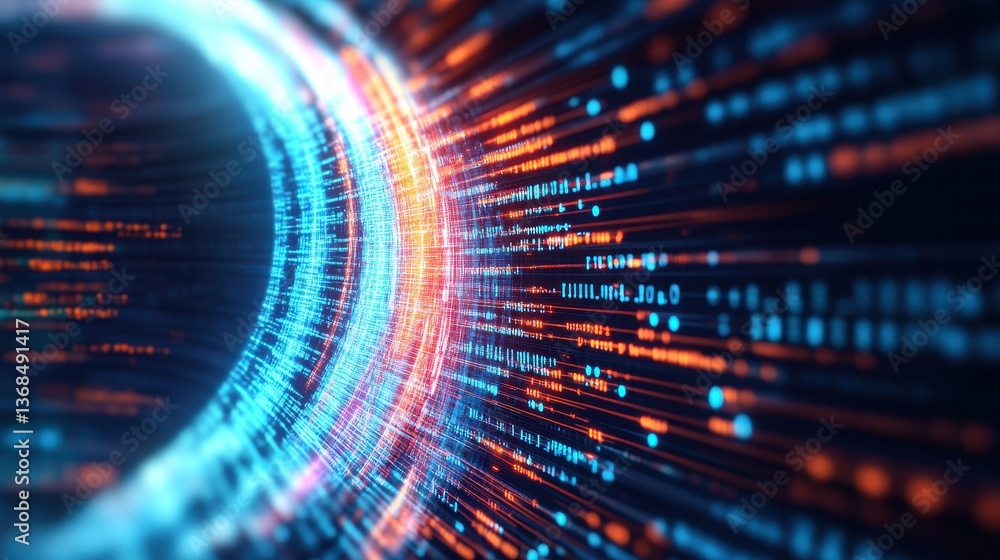 Poster abstract digital art featu a swirling tunnel composed of vibrant blue and orange binary code streams