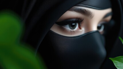 Naklejka premium Close-up of a woman in a black hijab, stylish and veiled