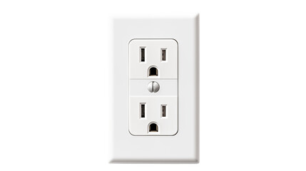 A close up shot of a white duplex electrical outlet with a screw in the middle plate
