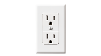 A close up shot of a white duplex electrical outlet with a screw in the middle plate
