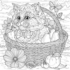 A kitten in a basket with fruits and flowers.Coloring book antistress for children and adults. 