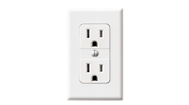A close up shot of a white duplex electrical outlet with a screw in the middle plate